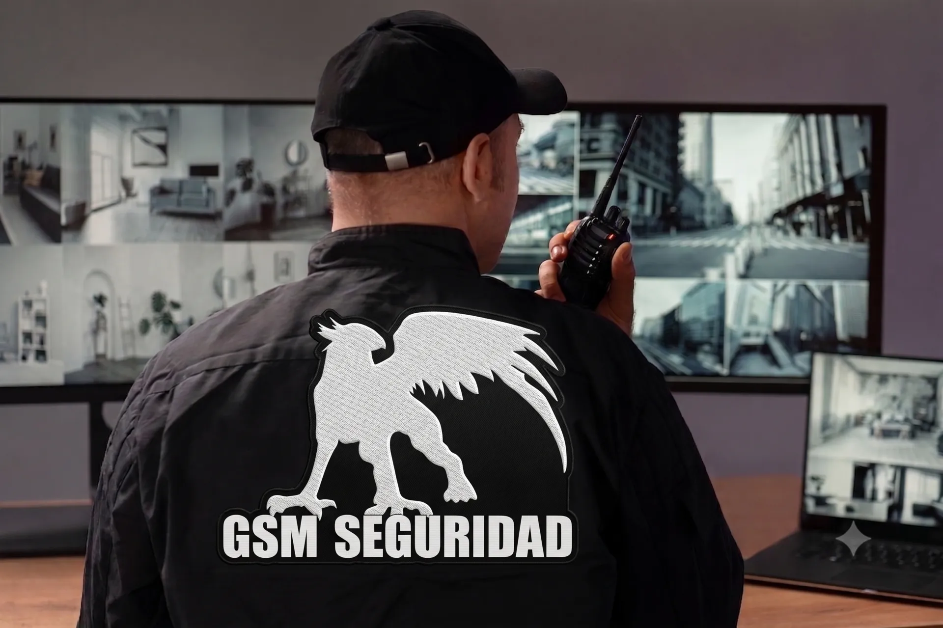 Guardia de GSM Seguridad monitoreando cámaras de videovigilancia en un centro de control